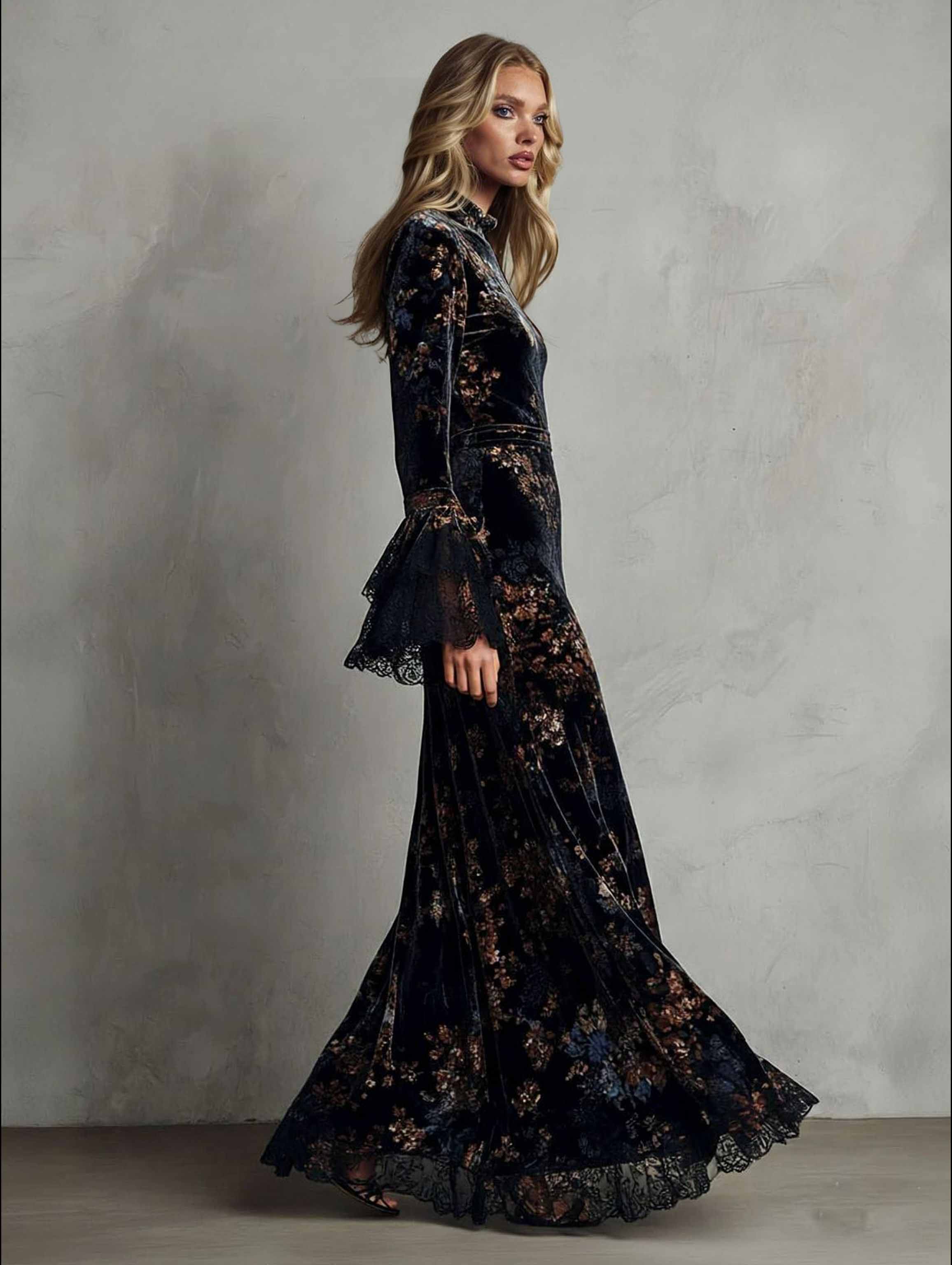 Exquisite Velvet Floral Print Pleated Maxi Dress