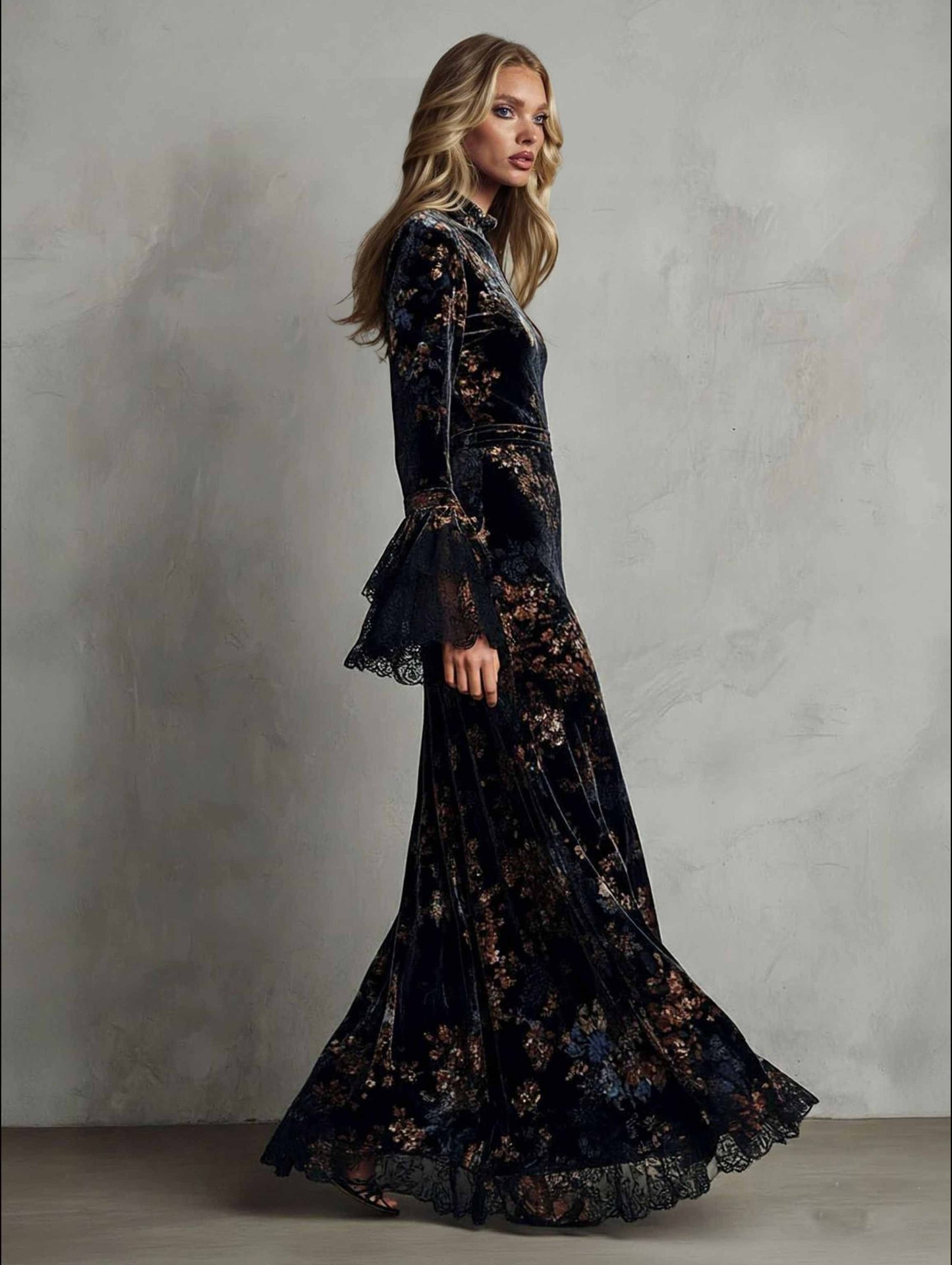 Exquisite Velvet Floral Print Pleated Maxi Dress