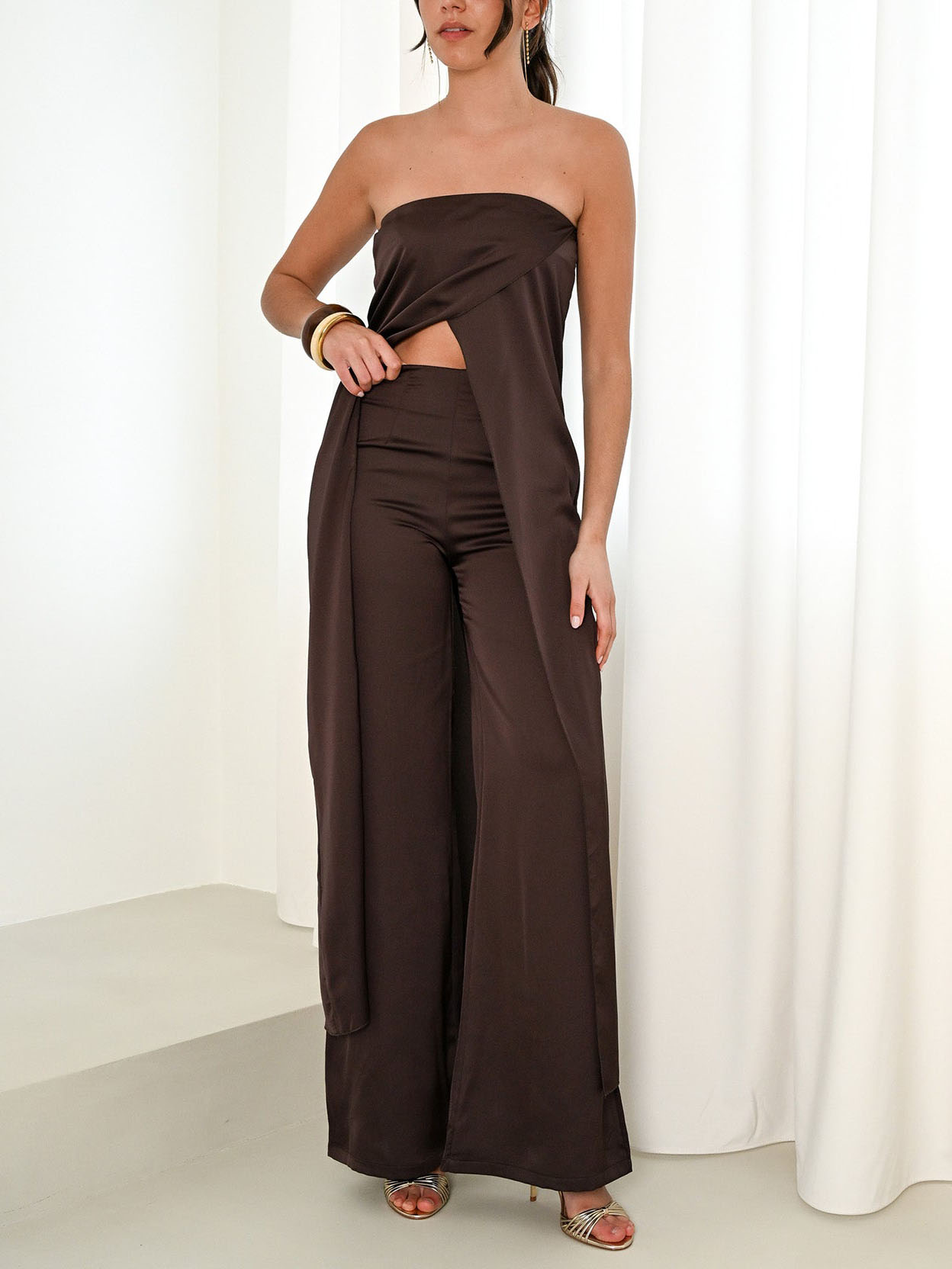 Elegant Strapless Satin Top & Pants Two-Piece Set