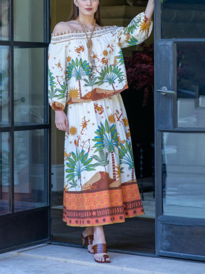 Modern Unique Satin Print Off-Shoulder Shirt and Elastic Waist Skirt Set