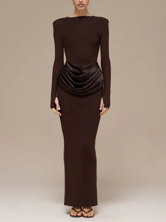 Elegant Pleated Long-sleeved Slim-fit Maxi Dress