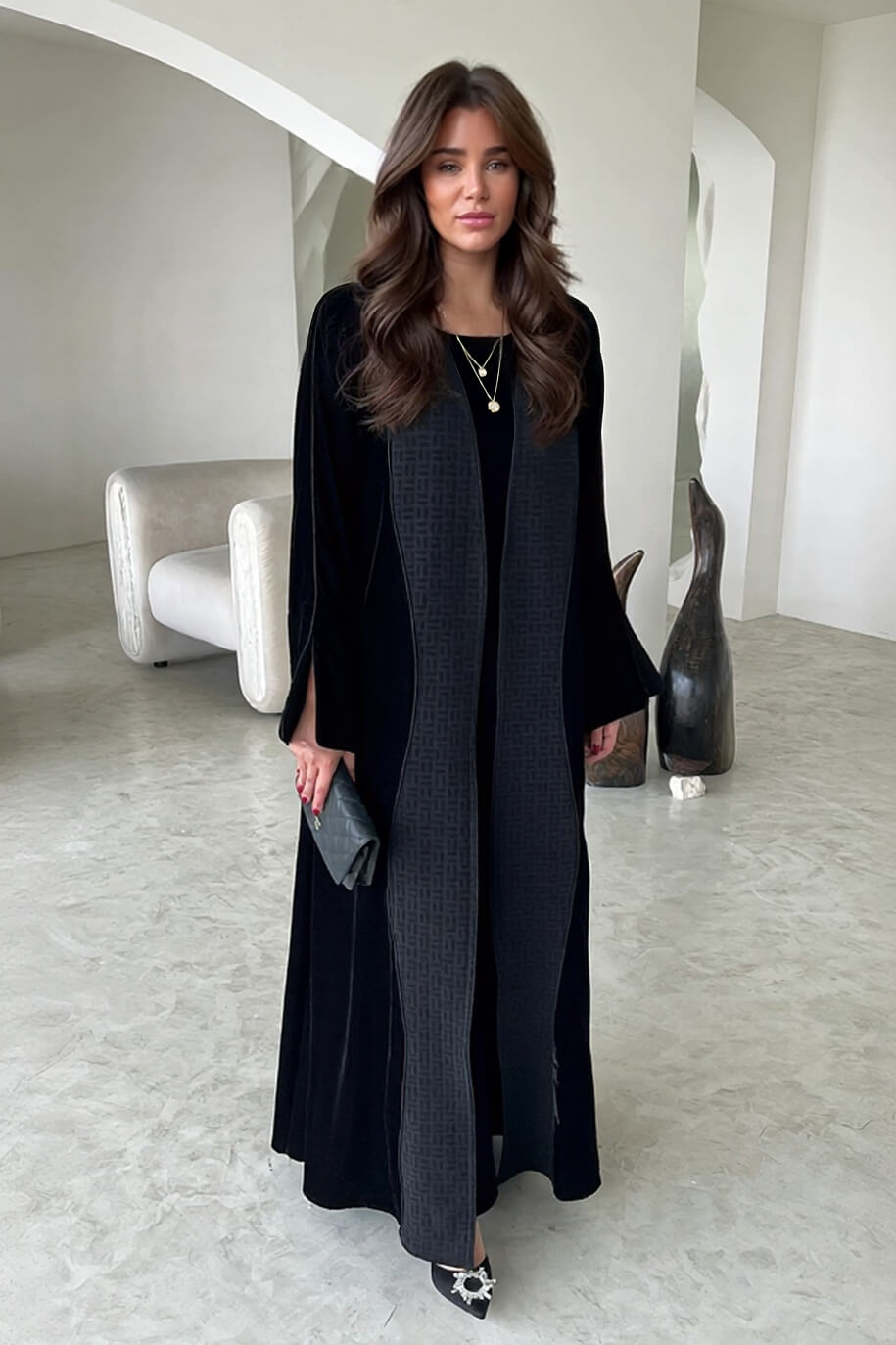 Elegant Black Printed Velvet Robe Cardigan