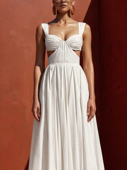 Elegant Pleated Cutout Backless Midi Dress