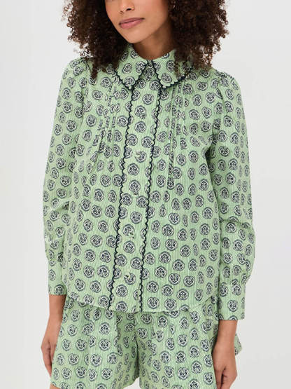 Retro Print Collared Long-Sleeve Shirt and High-Waisted Shorts Set