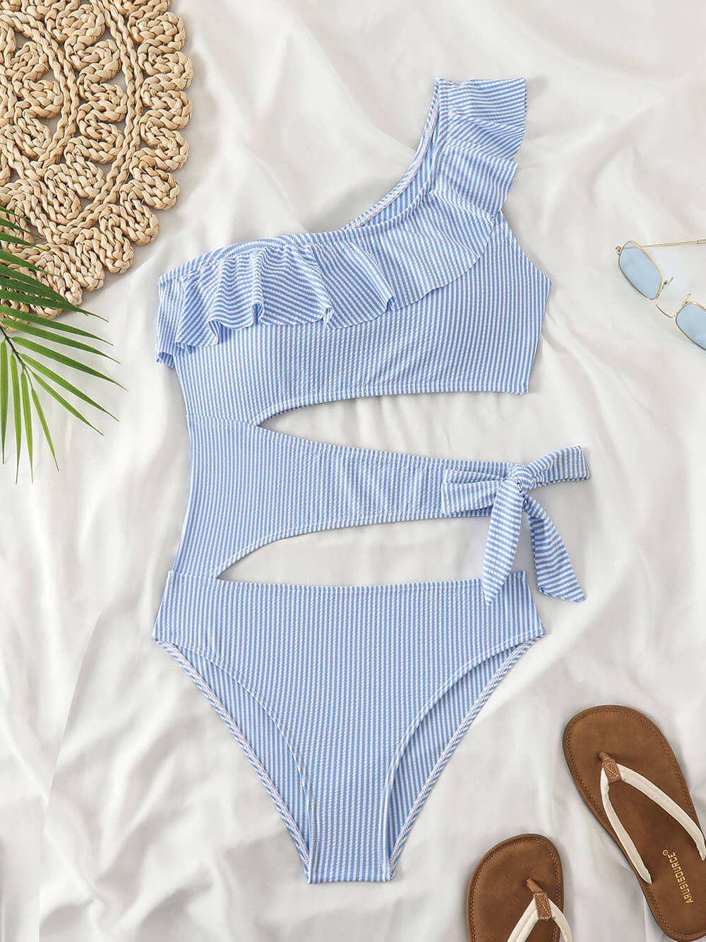 Sexy Striped Print Ruffled Cutout Tie-Waist One-Piece Swimsuit