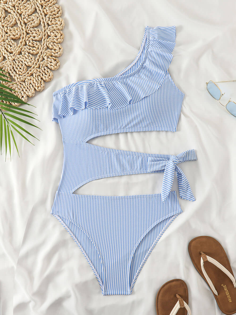 Sexy Striped Print Ruffled Cutout Tie-Waist One-Piece Swimsuit