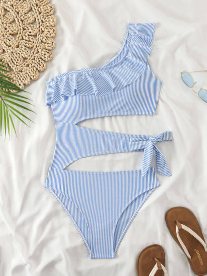 Sexy Striped Print Ruffled Cutout Tie-Waist One-Piece Swimsuit