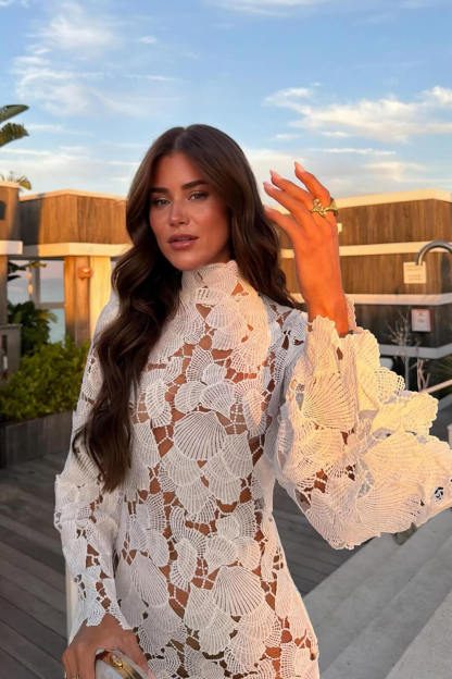 Elegant Lace Cut-Out Bell Sleeve Mini Dress