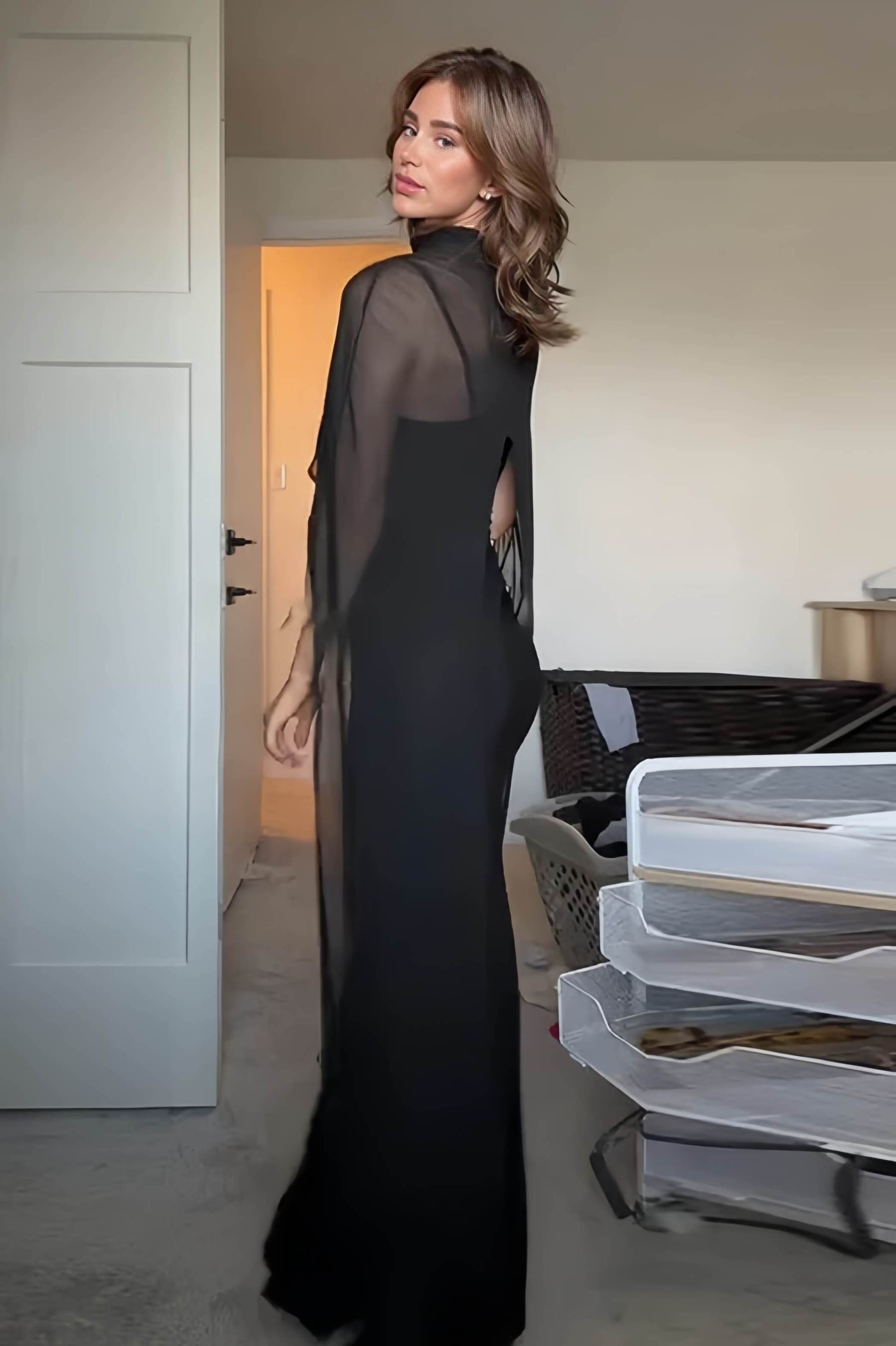 Sexy Black V-neck Sleeveless Sheer Fit Shawl-Style Spaghetti Strap Maxi Dress