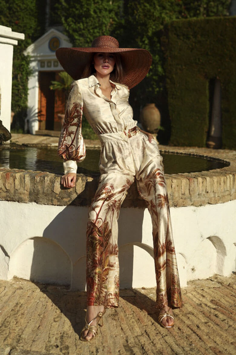 Elegant Palm Print Satin Elastic Waist Pocket Wide-Leg Jumpsuit