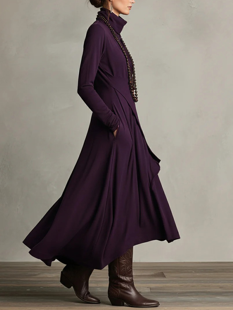 Elegant High-Neck Draped Asymmetrical Maxi Dress