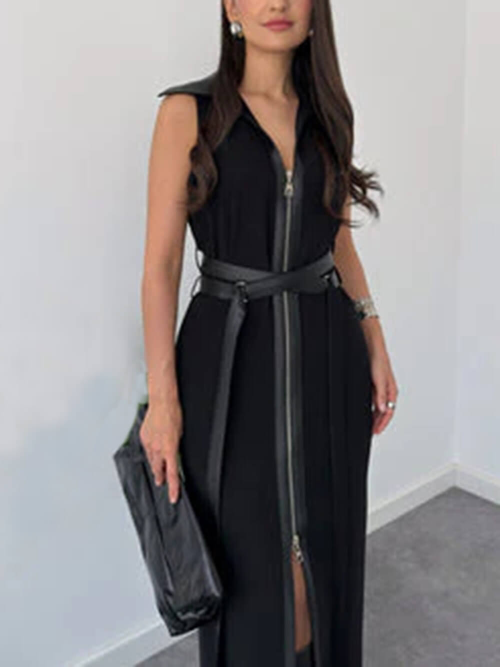 Retro Fashion Black Lace-up Zipper Maxi Dress