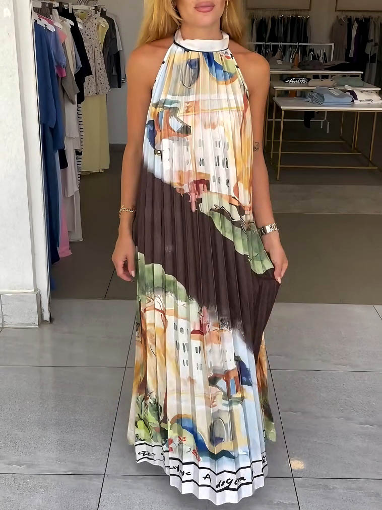 Unique Abstract Landscape Print Pleated Maxi Dress