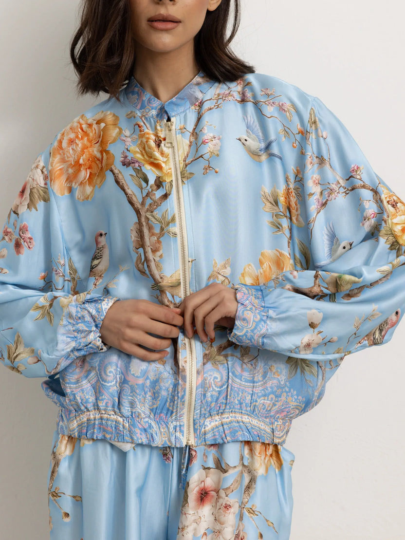 Elegant Floral And Bird Print Zip-up Lantern Sleeve Shirt