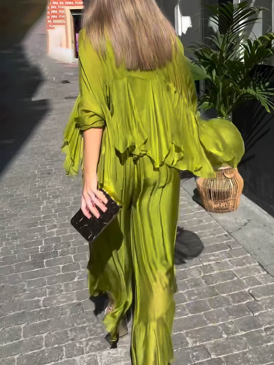 Elegant Asymmetrical Top & Ruffle Wide-Leg Pants Two-Piece Set