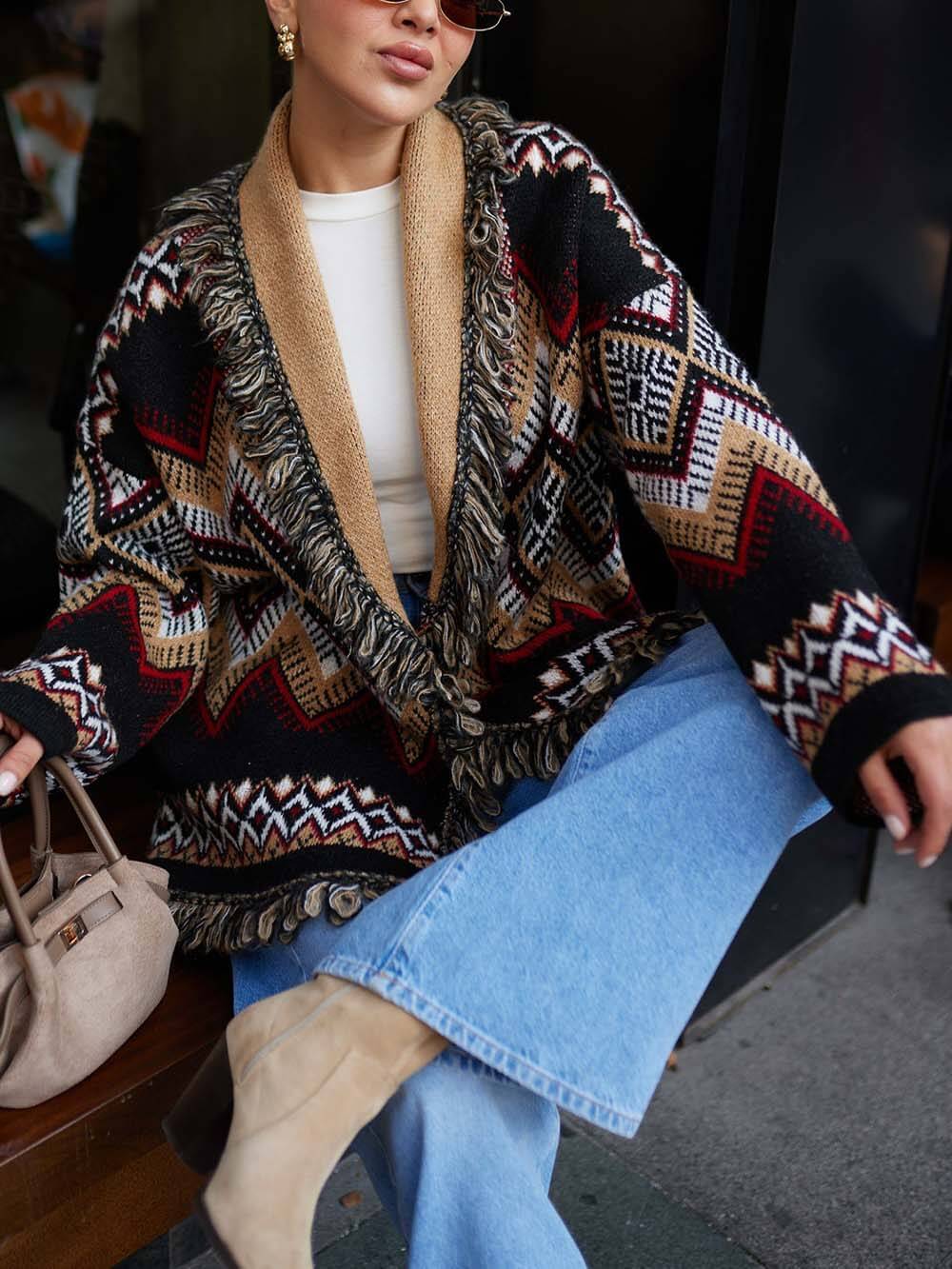 Retro Ethnic Print Fringe Panel Loose Cardigan