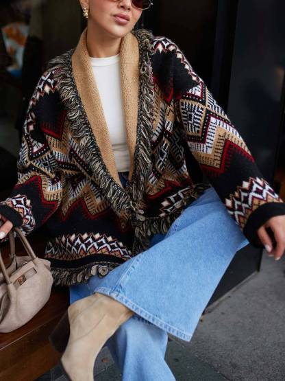Retro Ethnic Print Fringe Panel Loose Cardigan