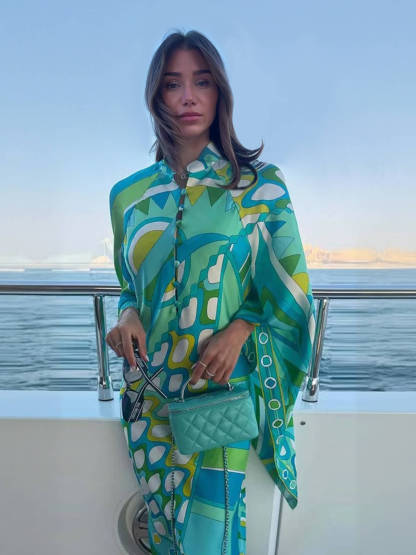 Elegant Button-Up Stand Collar Printed Loose Flared Asymmetrical Midi Dress