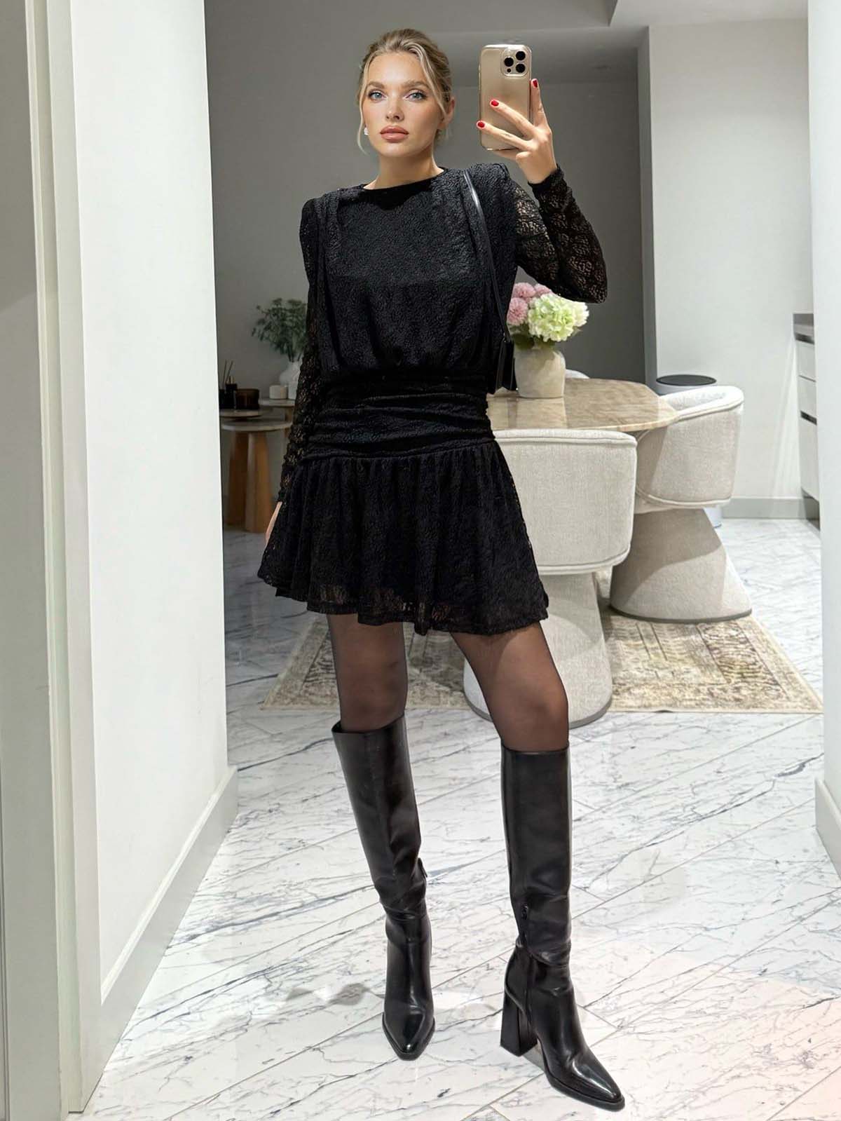 Elegant Long-sleeved Lace-textured Mini Dress