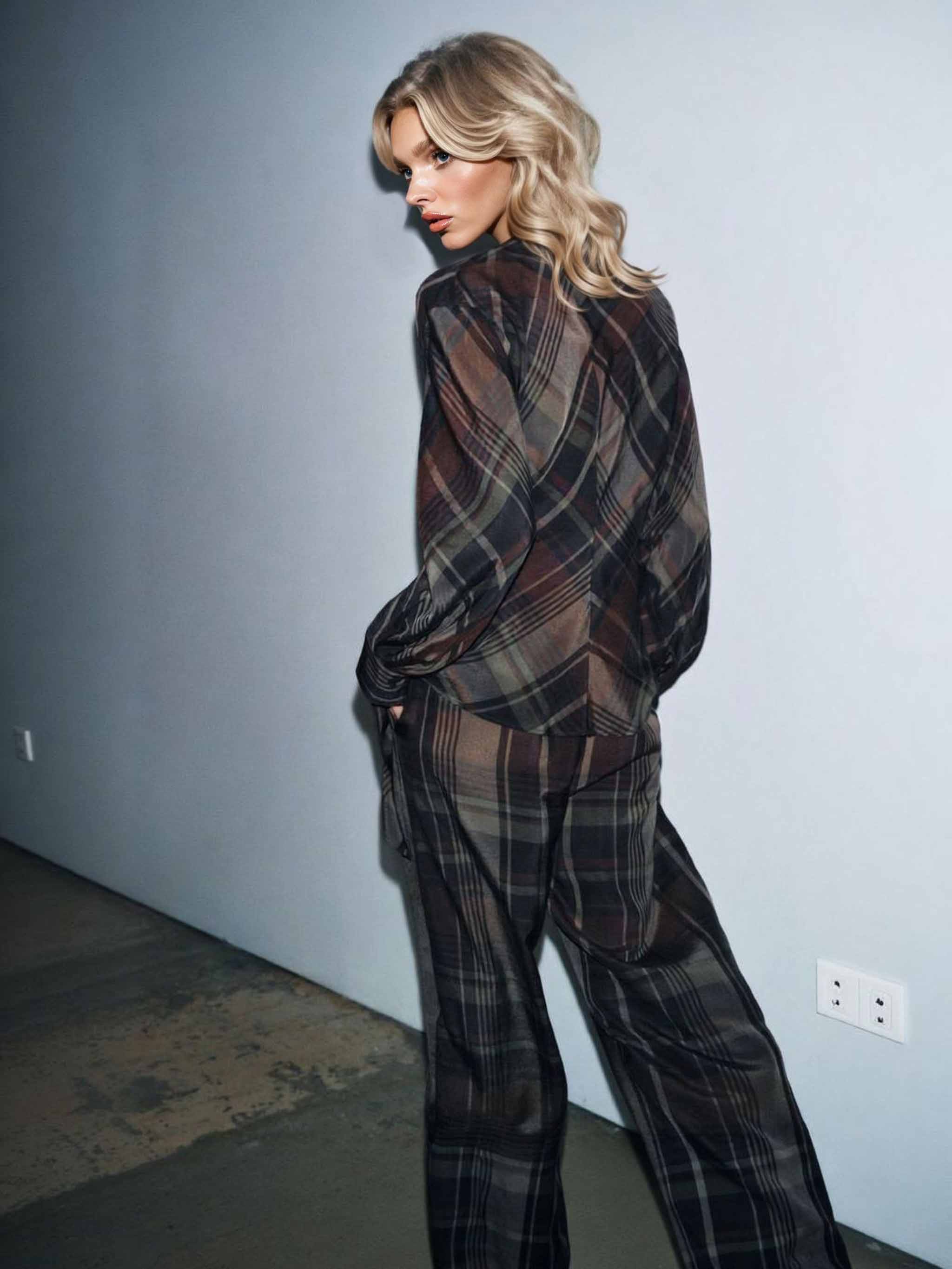Asymmetric Draped Plaid Long-Sleeve Top