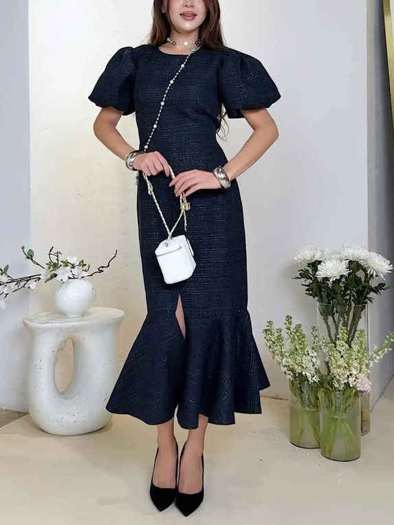 Elegant Puff Sleeve Fishtail Slit Bodycon Maxi Dress