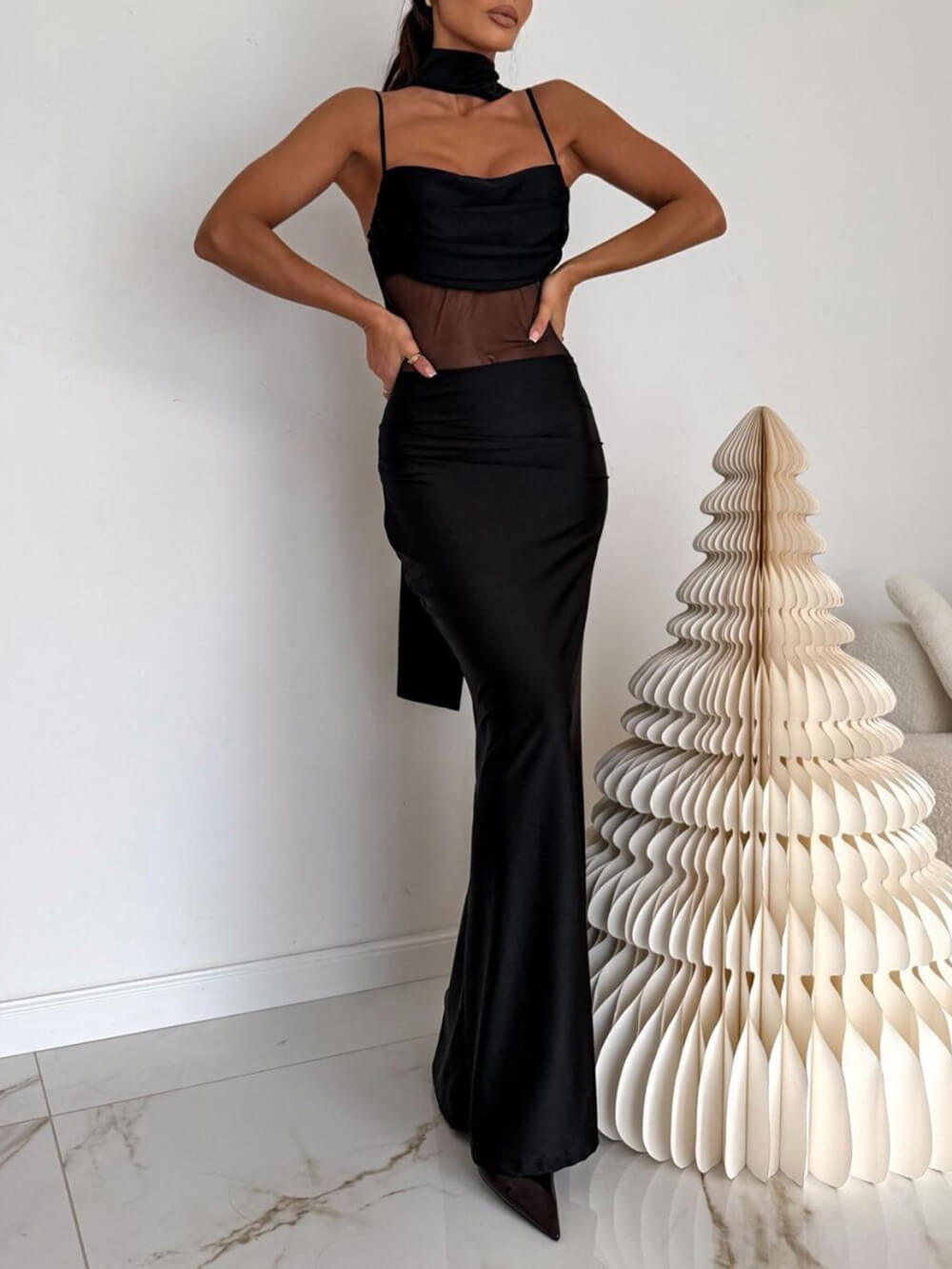 Elegant Off-Shoulder Ribbon Mesh-Panel Spaghetti Strap Maxi Dress