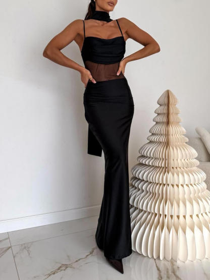 Elegant Off-Shoulder Ribbon Mesh-Panel Spaghetti Strap Maxi Dress