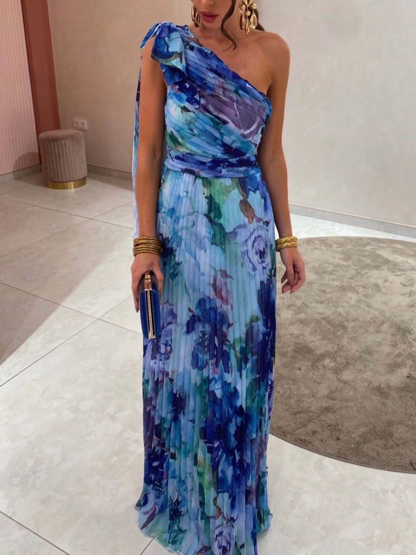 Elegant One Shoulder Ruffled Painted Floral Maxi Dress