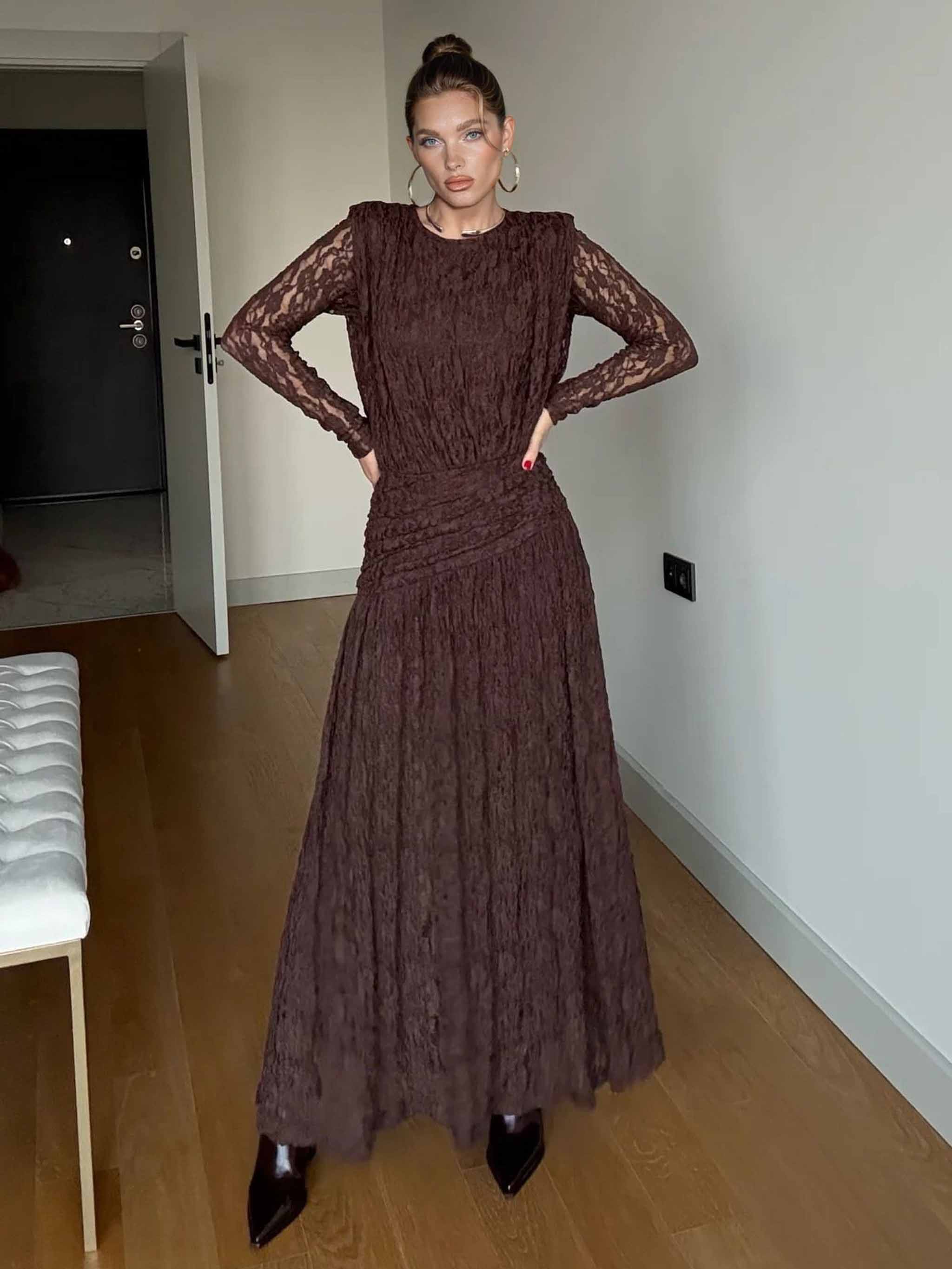 Elegant Long-Sleeve Lace-Textured Maxi Dress