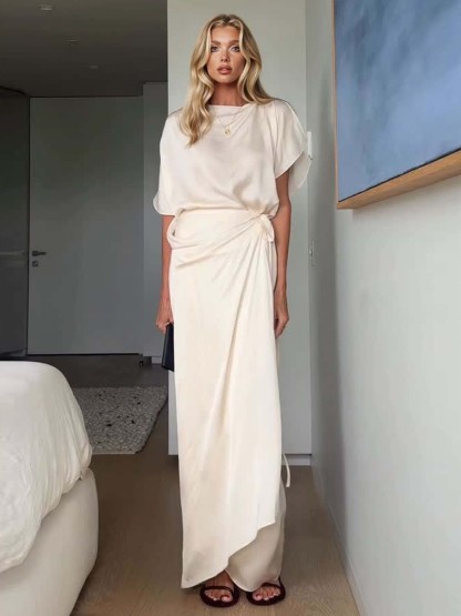 Elegant Satin Draped Wrap Maxi Dress