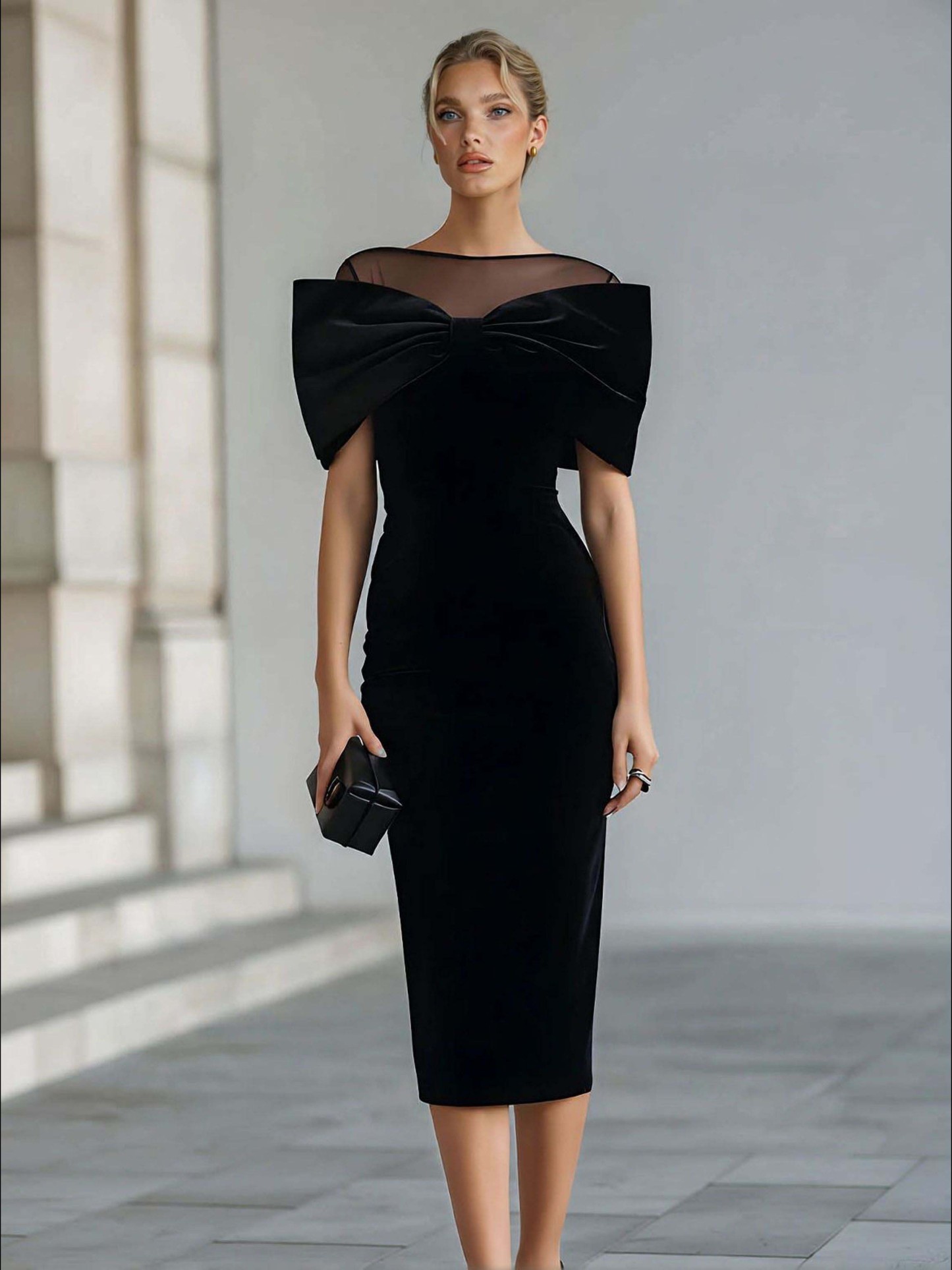 Elegant Bow-Detail Sheer Neckline Midi Dress