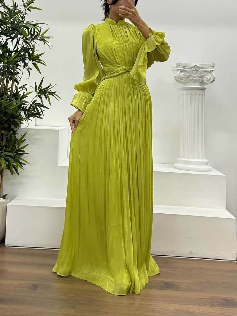 Fashionable Pleated Waist Long-Sleeved Chiffon Evening Maxi Dress