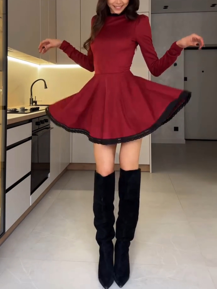 Elegant Lace-trimmed Suede Mini Dress