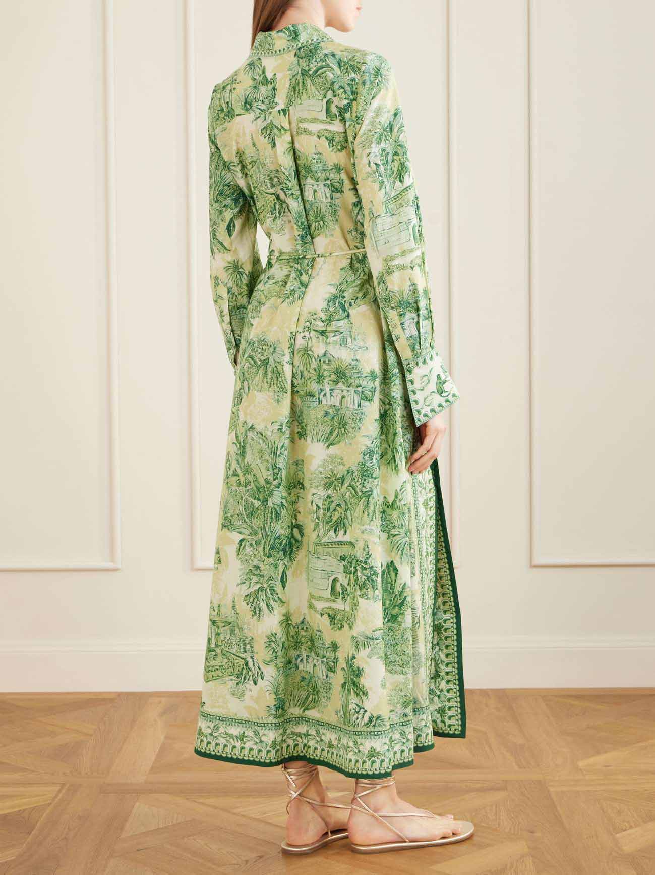 Bohemian Palm Print Long Sleeve Tiered Maxi Dress