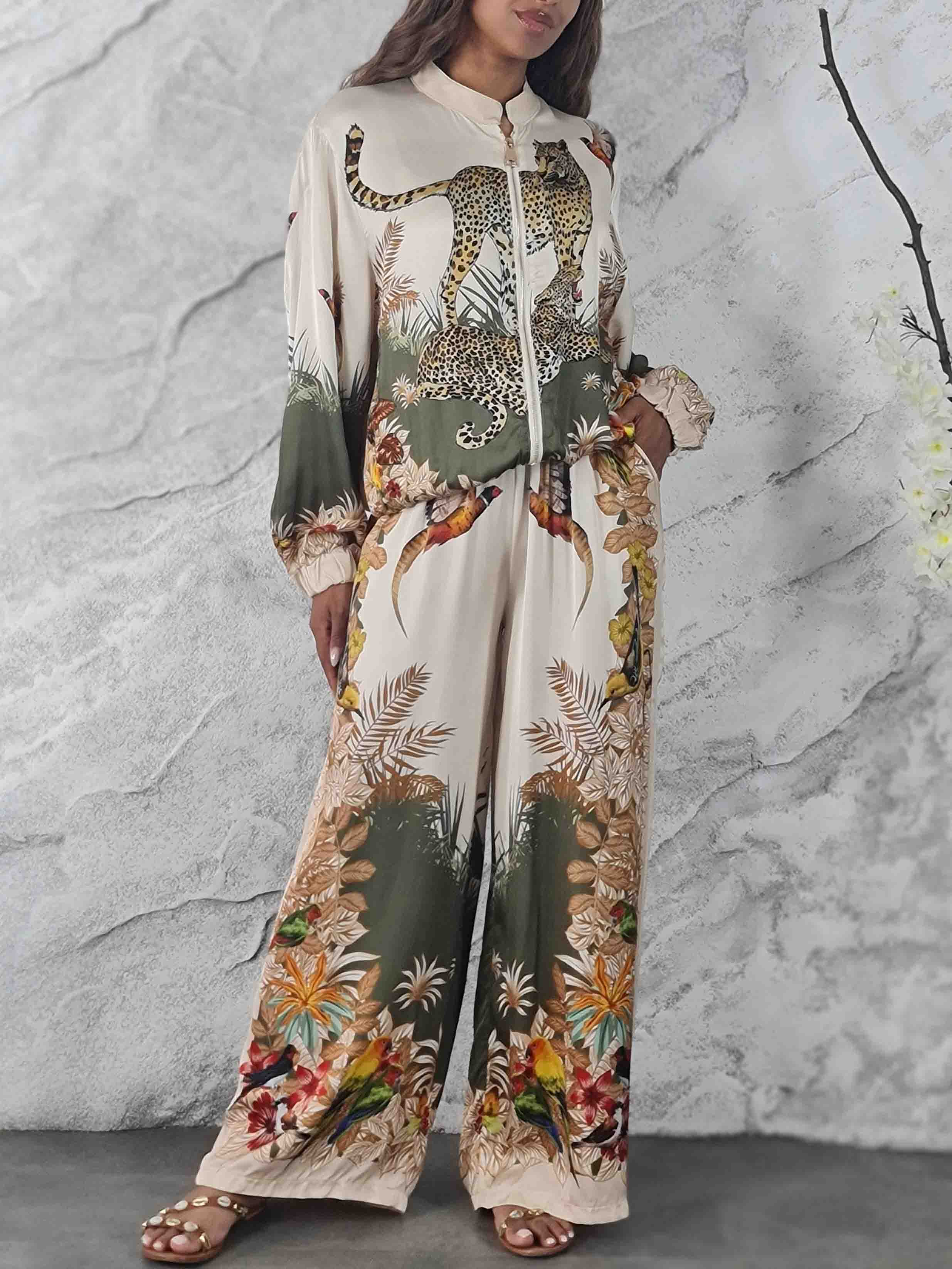 Exotic Jungle Print Zip-Up Long Sleeve Shirt