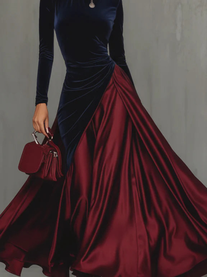Elegant Velvet Satin Color-blocked Maxi Dress