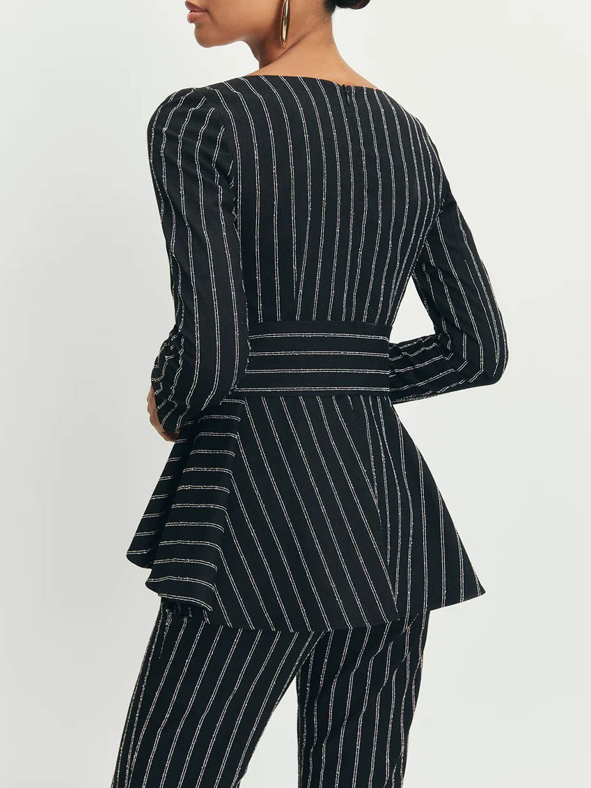 Elegant Striped Square Neck Belted Ruffled Shirt