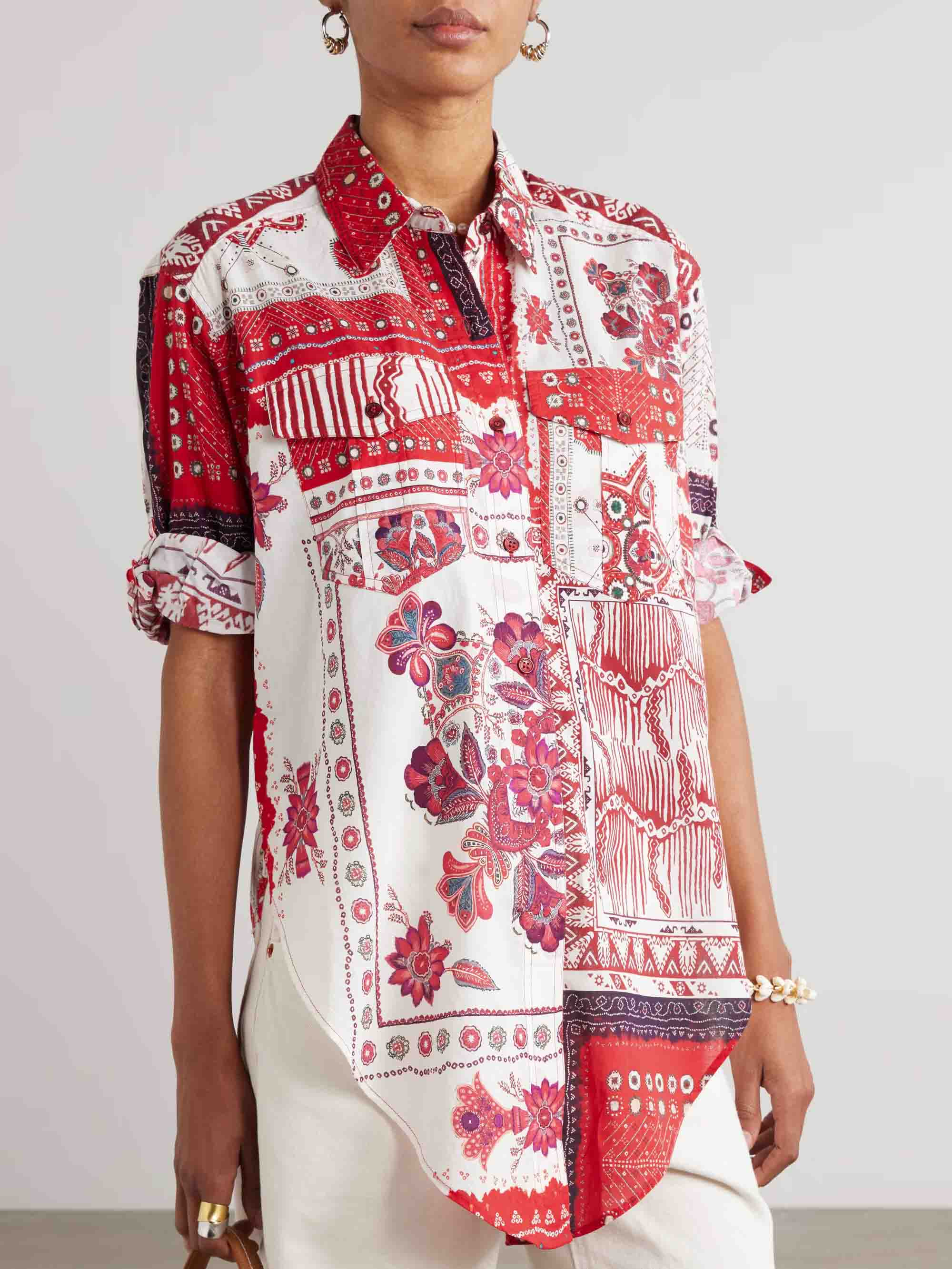 Casual Ethnic Floral Print Irregular Hem Shirt