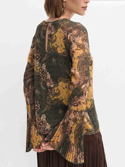 Retro Paisley Print Bell-sleeve Shirt