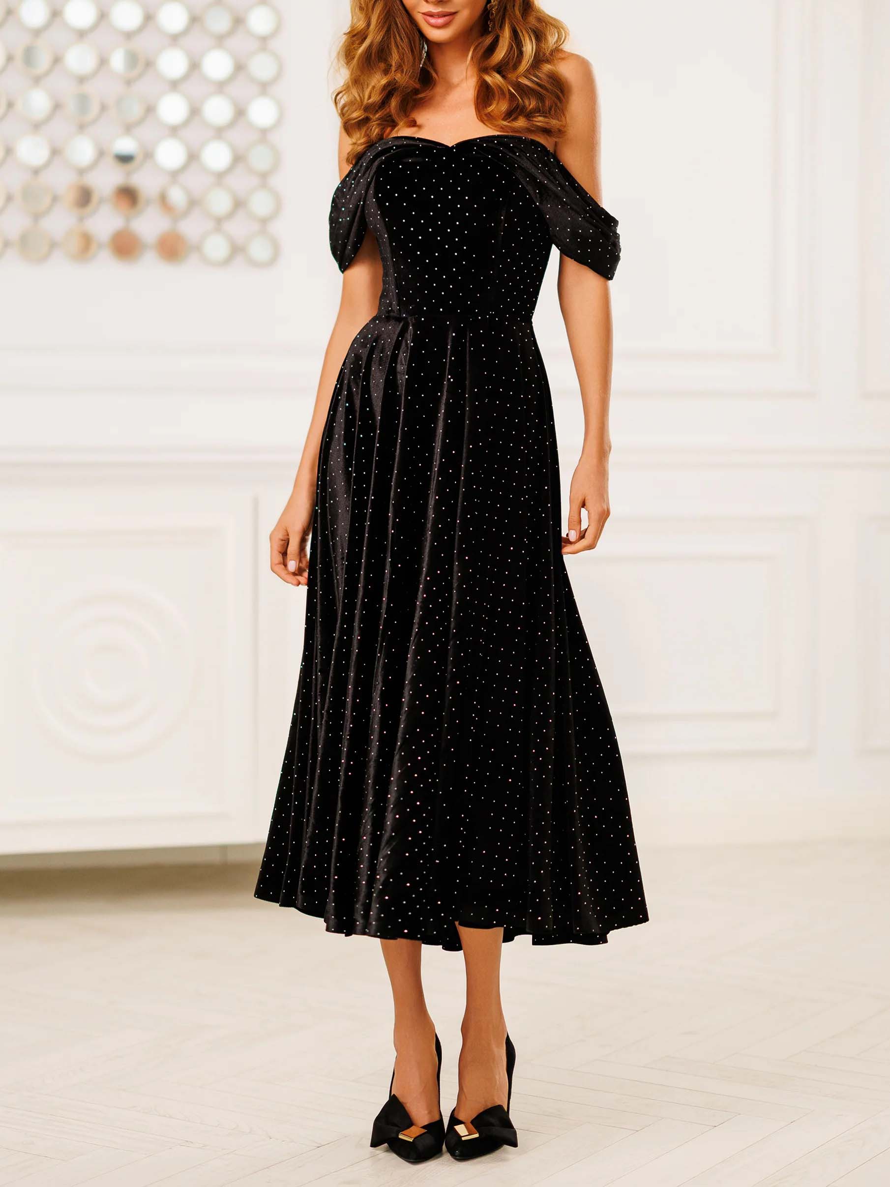 Elegant Off-Shoulder Velvet Rhinestone Midi Dress