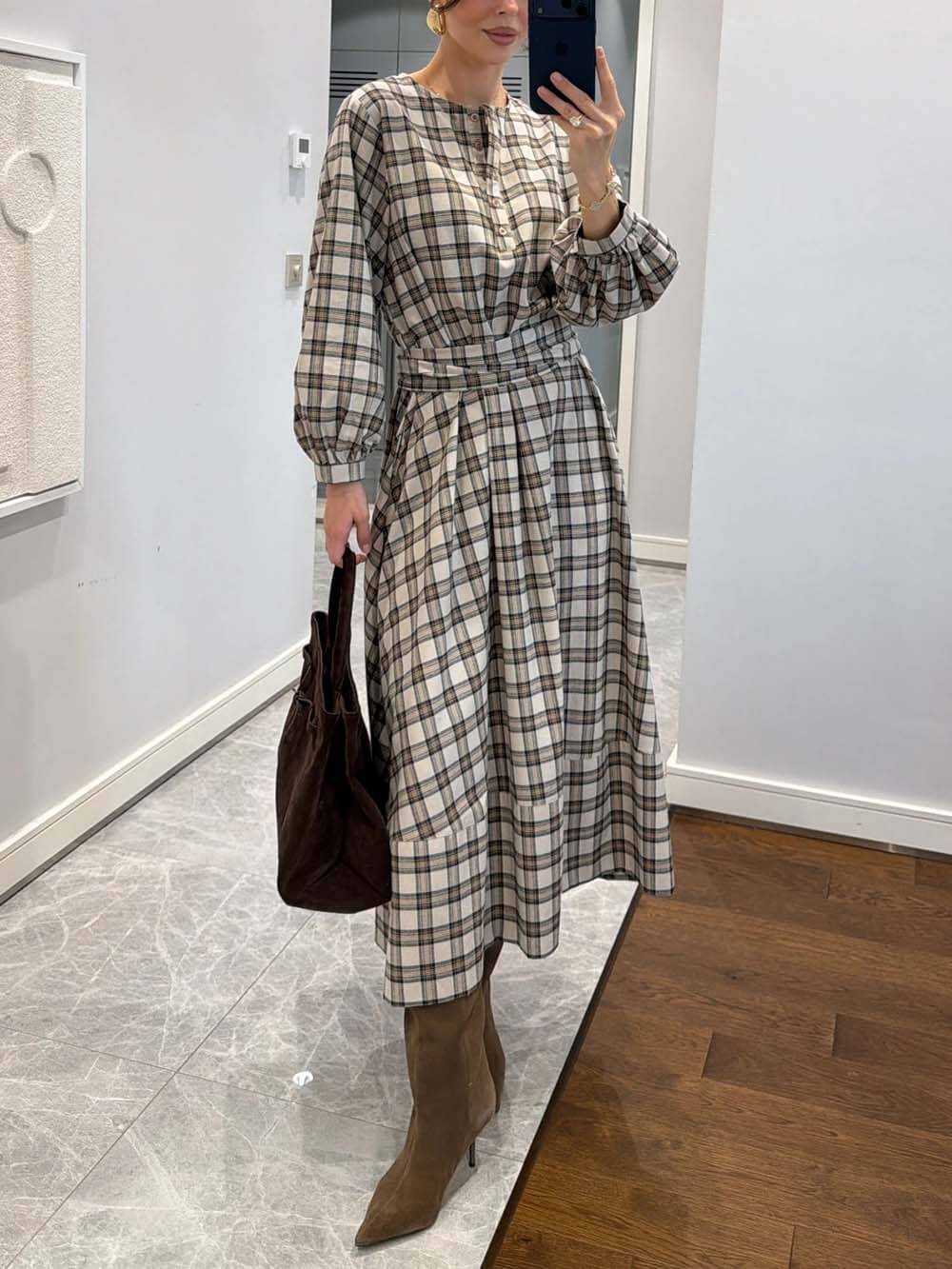 Retro Plaid Print Belted Midi Dress