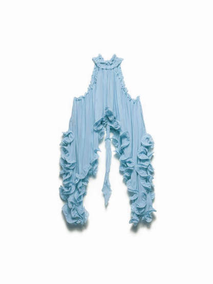 Exquisite Chiffon Ruffle Backless Asymmetric Top & Elastic Waist Relaxed Shorts Set