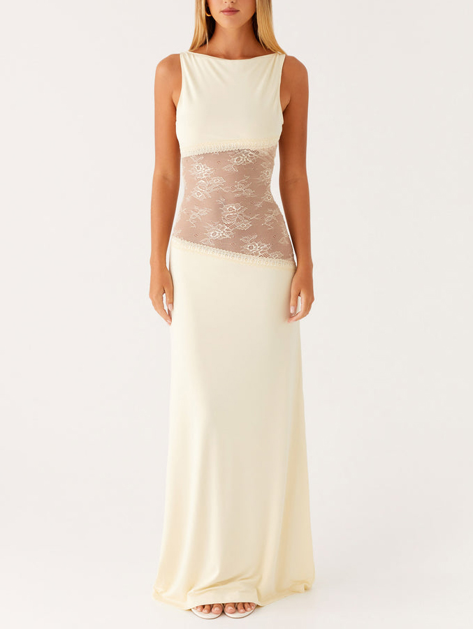 Elegant Sleeveless Boat Neck Black Lace Maxi Dress