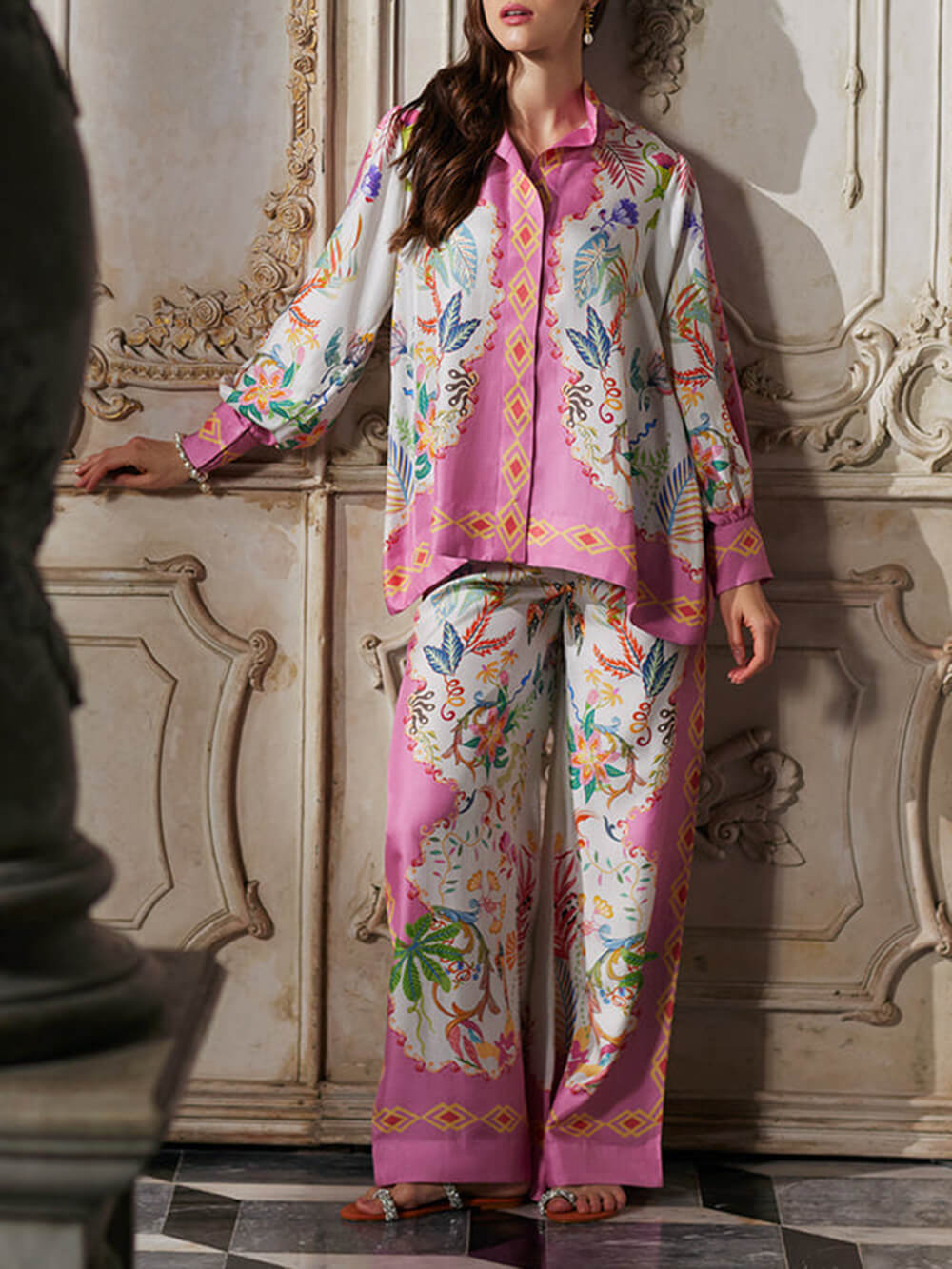 Mystic Bloom Floral Geometric Print Oversized Button-Up Shirt