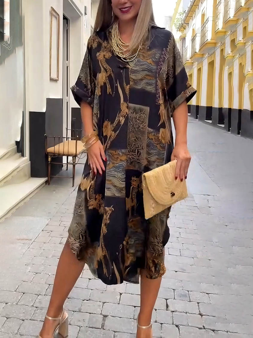 Retro Satin Print V-Neck Shirt Midi Dress