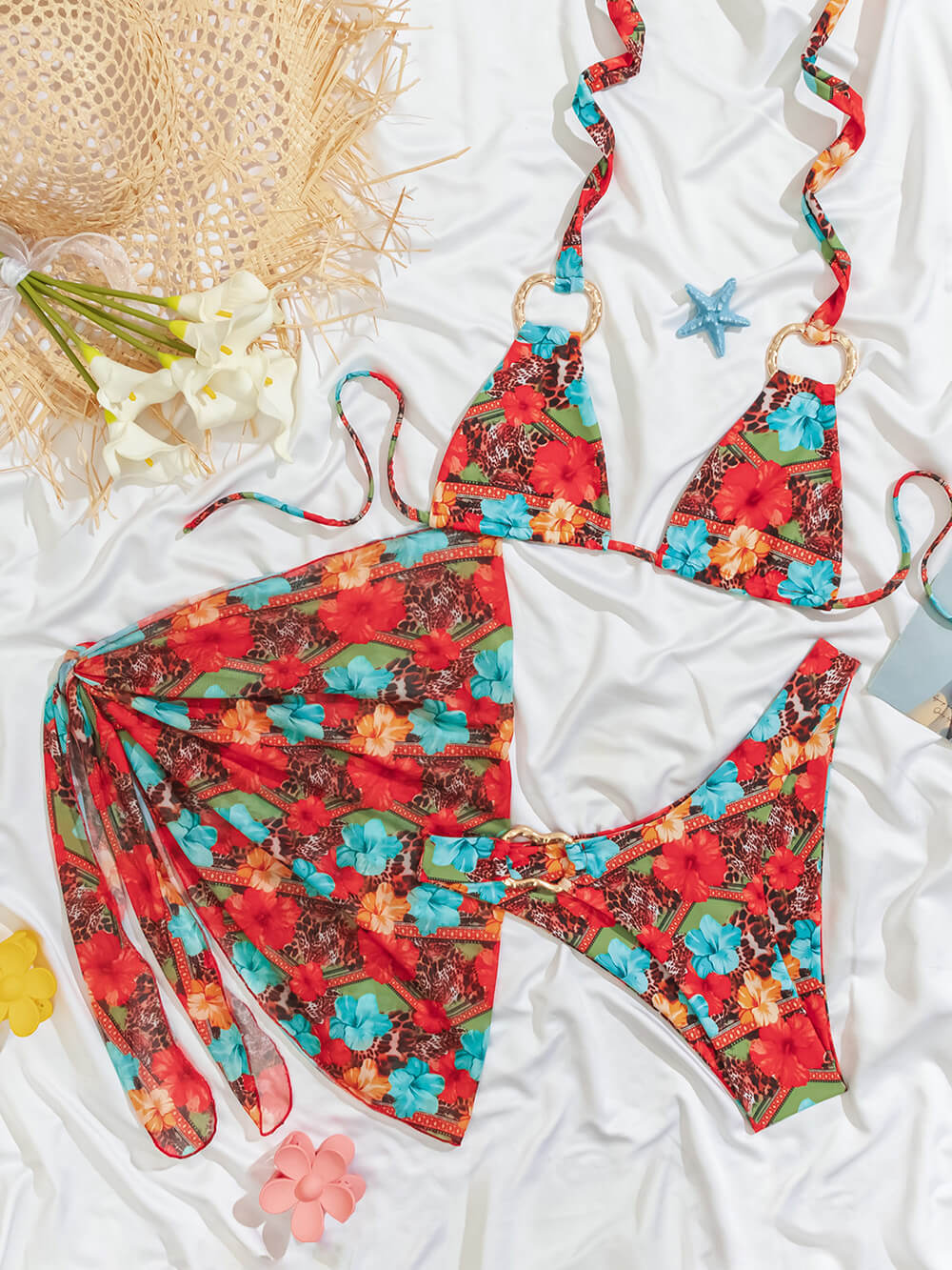 Sexy Printed Strappy Bikini Cover-up Three-Piece Set