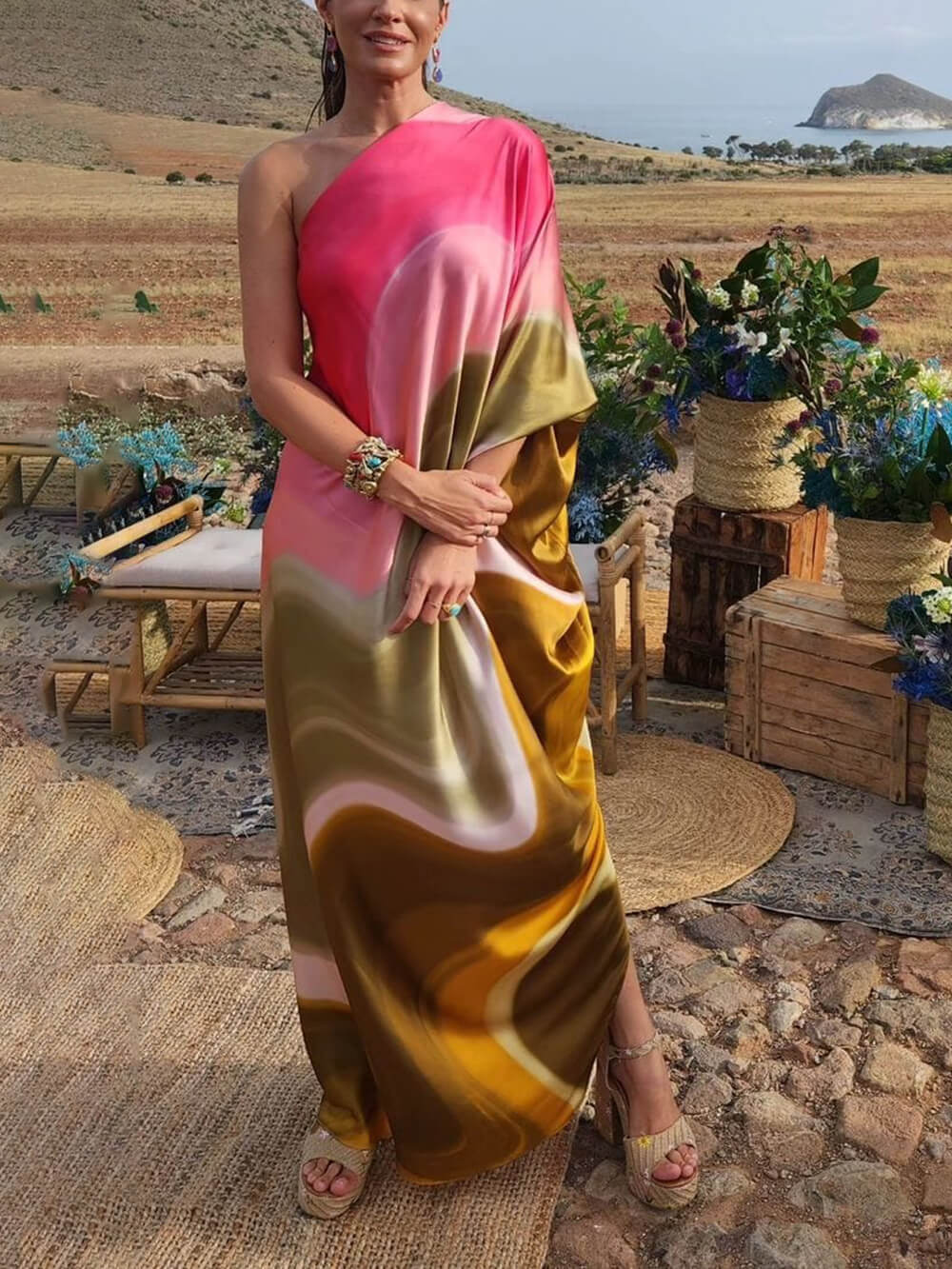 Elegant Satin Tie Dye Print One Shoulder Drape Vacation Maxi Dress