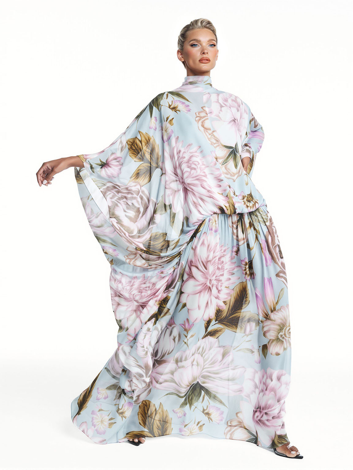 Exquisite Watercolor Floral Print Draped Chiffon Maxi Dress