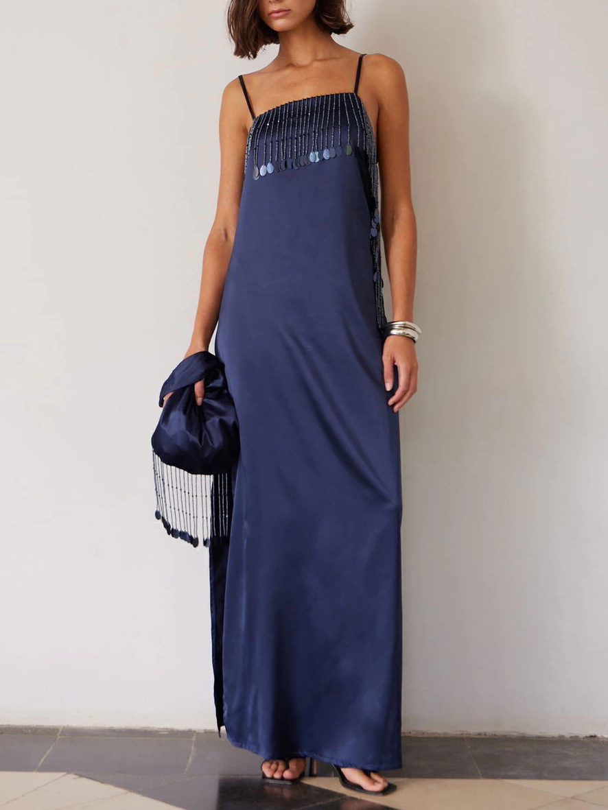 Elegant Sequin Fringe Satin Maxi Dress