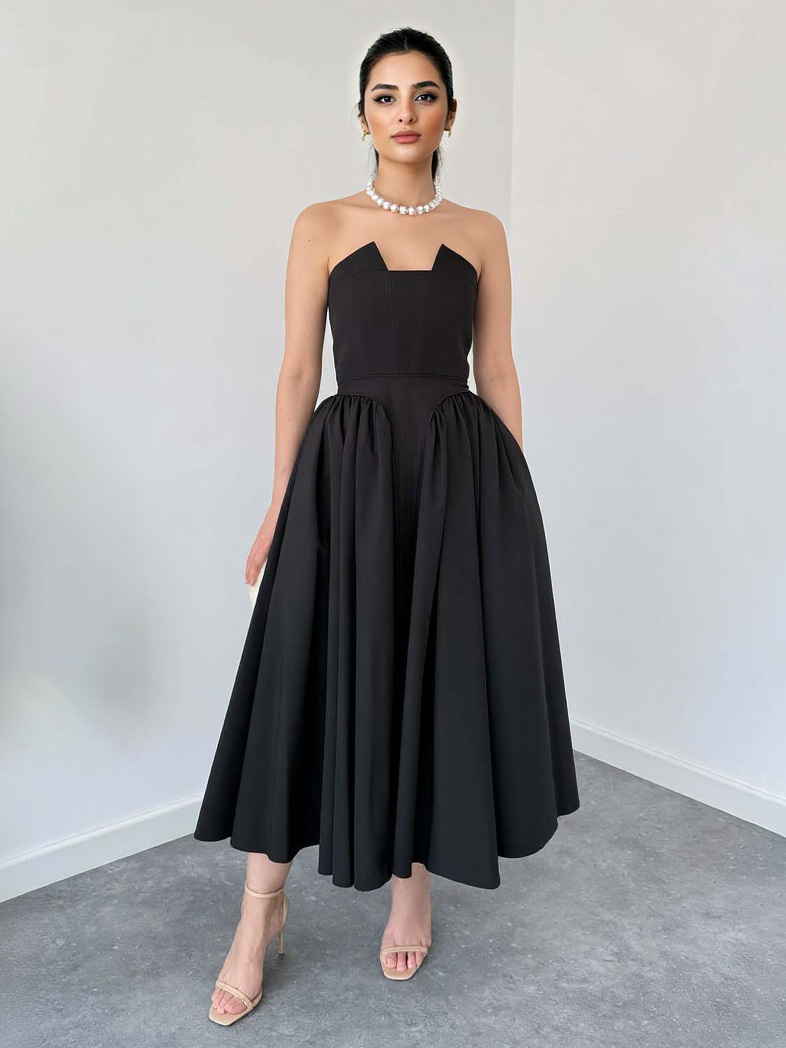 Elegant Strapless A-line Party Midi Dress